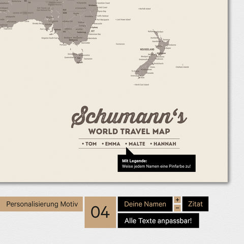 Weltkarte in Farbe Warmgray (Braun-Grau) mit Personalisierung als Familien-Logo